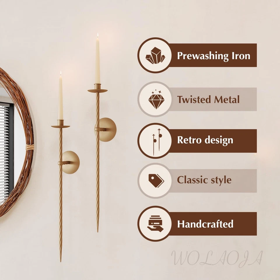 Candle Wall Sconce Set of 2, Large Twisted Mount Metal Brass Holder Sconces - Image 2 of 4