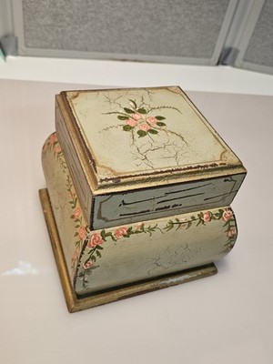 Vintage Hand Painted Wooden Jewelry Box 7x7 Crackle Floral Shabby Chic Cottage