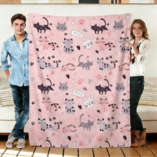 Pink Cat Flannel Blanket Cute Paw Print Kawaii Hearts Throw for Sofa Gift Decor