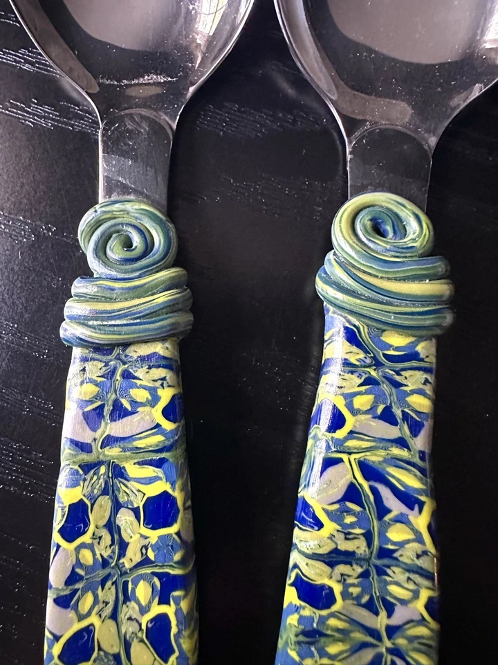 2 Artisan Serving Spoons, hand decorated with blue and green marbled clay, 10”  - Image 2 of 4