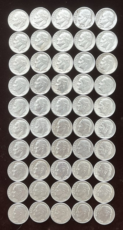 ROOSEVELT DIMES~ROLL LOT of (50) DIMES~90% SILVER~(all 1950's~PHIL. & DENVER)