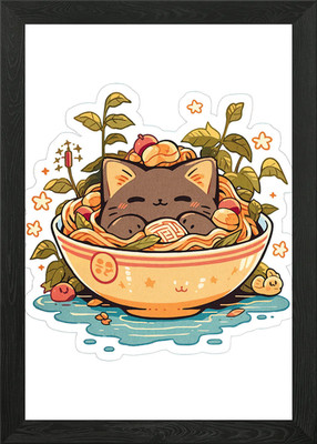 Cute Cat in Ramen Bowl Illustration Framed Wall Art Poster Canvas Print Picture