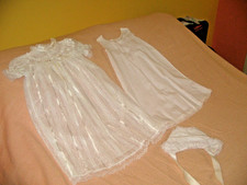 Vintage Old Fashioned Baby Dress Bonnet Slip Christening Lace 0- 6 Mn White USA