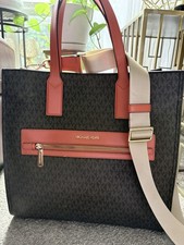 Michael Kors MK Logo Zip Tote Brown/Coral Double Handles Detachable Strap