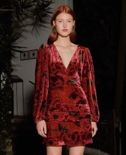 FARM Rio Red Shiny Flowers Velvet V-Neck Puff Sleeve Mini Dress Lined Size M NWT