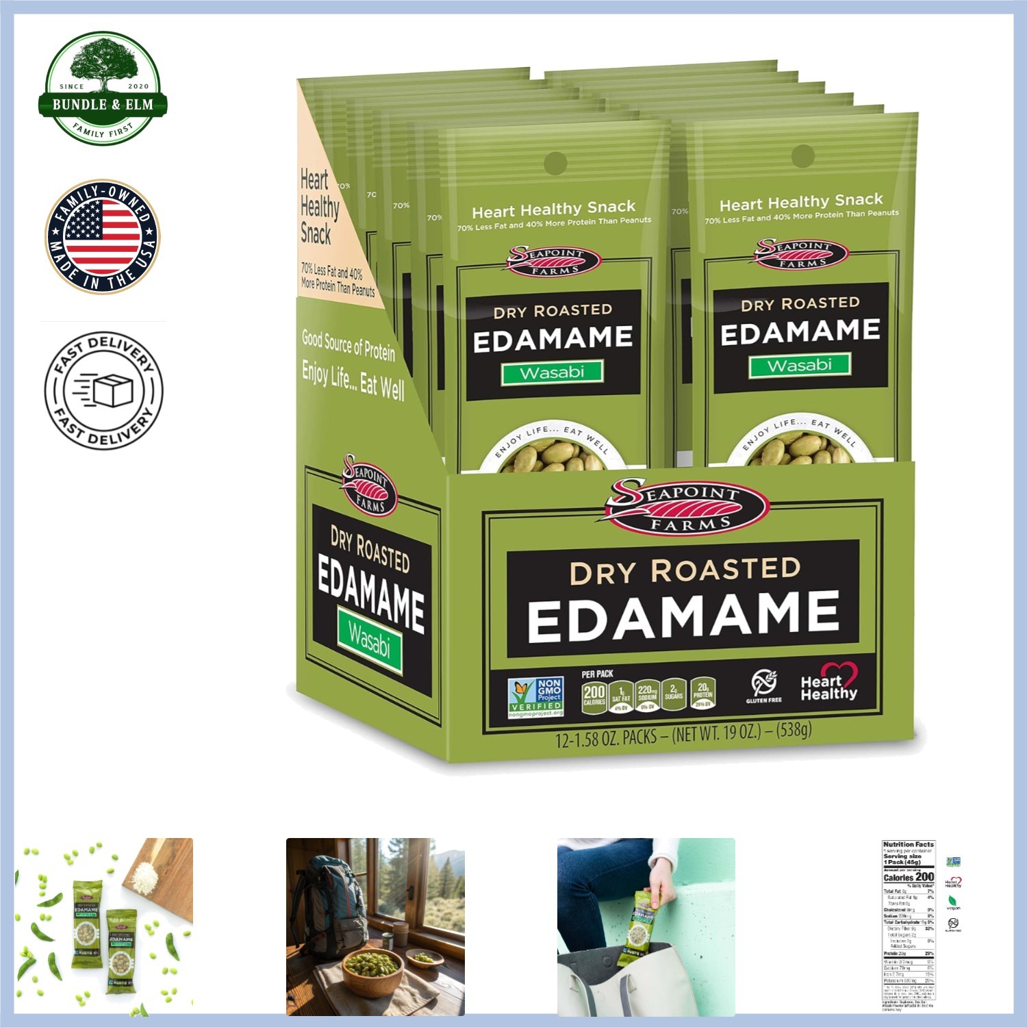 Snack Edamame Alto en Proteínas con Sabor Wasabi, Sin Gluten, 20g de Proteína, Pack de 12
