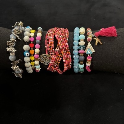 8pc Bracelet Lot Seed Bead Evil Eye Tassel Butterfly Blue Pink Stretch Stack