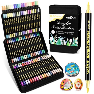 120 Colors Acrylic Paint Markers - Dual Tip Brush & Fine Fabric Paint Pens fo...