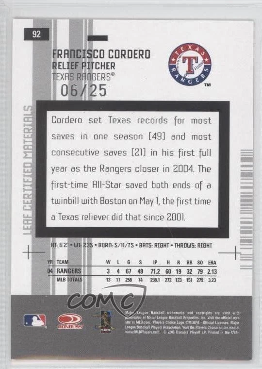 2005 Leaf Certified Materials Mirror Red Signatures /25 Francisco Cordero Auto - Image 2 of 2