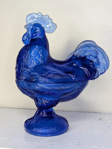 Cobalt Blue Standing Rooster Candy Dish Bowl Depression Style Glass Vintage