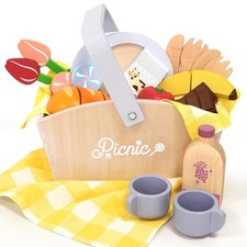 Play Food Sets for Kids Kitchen, Wooden Picnic Basket Playset Toy,Pretend Play