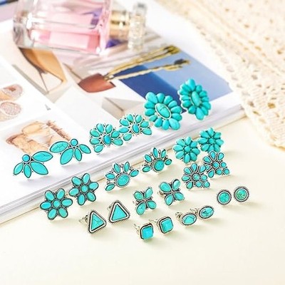 12 Pairs Turquoise Stud Earrings Set Bohemian Geometric Gemstone Jewelry Pack