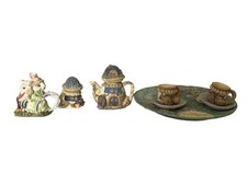 Miniature Tea Set, Teapot and Sugar Bowl, 2 Cups With Saucers, Figurine And Tray