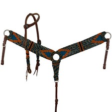 Showman Orange/Blue/Black Corded Mohair Single Ear Headstall  Breast Collar Set