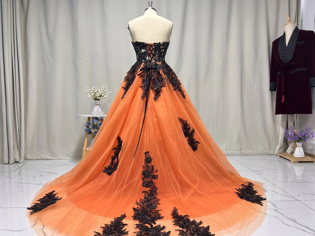 open lace back dress Stylish Off Shoulder Orange Tulle Wedding Ball Gown 42 main image 0
