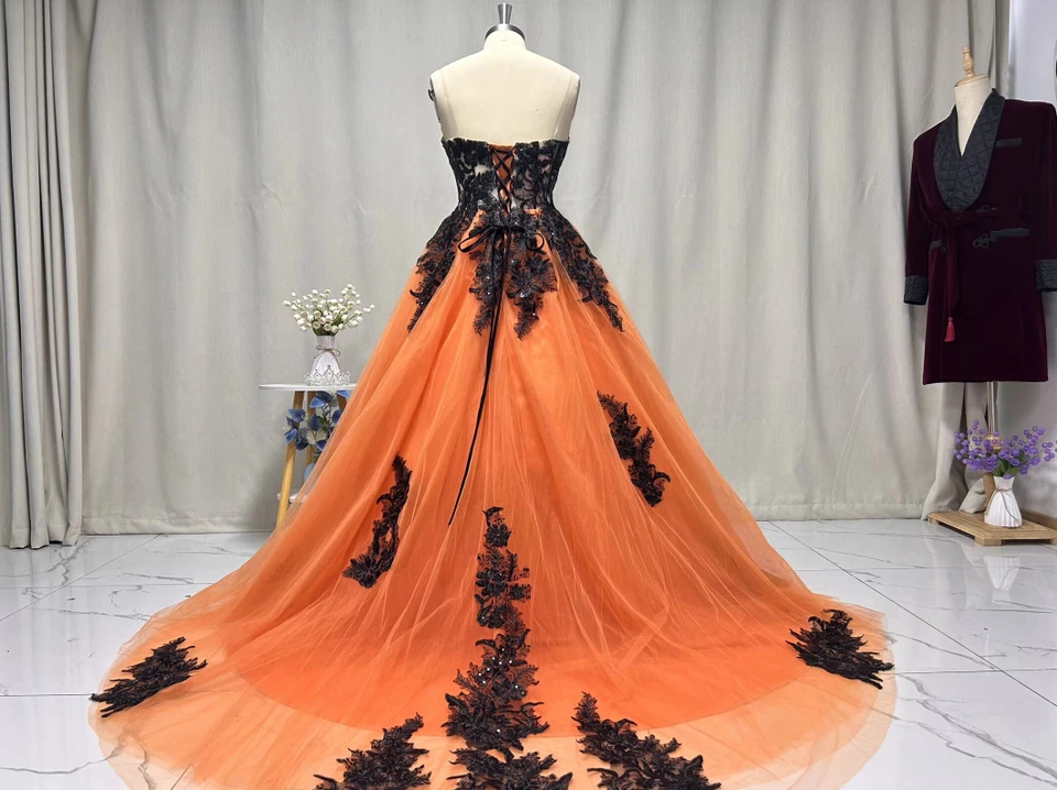 Gothic Strapless Wedding Dresses Black Lace Appliques Full Length Bridal Gowns - Image 2 of 4