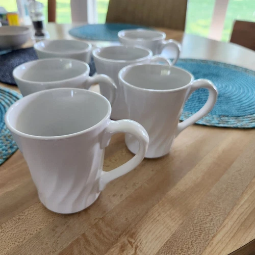 6 Corelle Enhancements Tall 4.25" Mugs 10.5 oz  White Swirl Stoneware