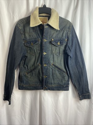 Original Get Lucky Jean Denim Button Down Jacket Womens Sz M Blue & Light Brown