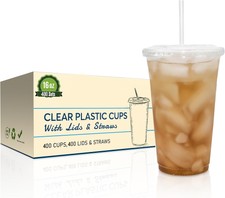 400 Sets - 16oz. Disposable Clear Plastic Cups with Flat Lids and Straws
