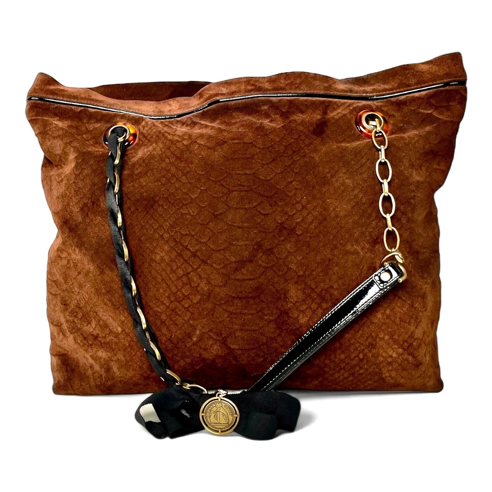 LANVIN "Amalia" Python Print Brown Suede Bucket S… - image 2