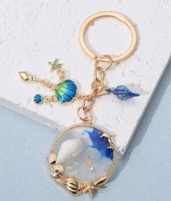 Starfish Shell Beach Keyring Silver Blue Charm Keychain Bag Bling