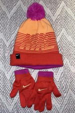 Nike Girls 2 Piece Hat W/Pom Poms and Glove Set Orange  Pink Youth Size EUC