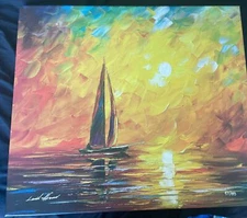 Leonid Afremov Original Oil Painting On Canvas Boat In The Sea 20x24 Rare COA 