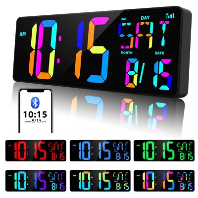 XREXS Large Digital Wall Clock Bluetooth Sync, 17.2'' RGB Color Changing Digit...