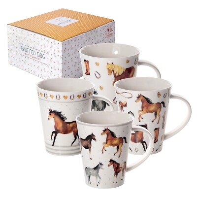 Tassen 4er Set Kaffee Tee Cps Keramik Porzellan Pferd Pony Motiv verpackt Geschenk 
