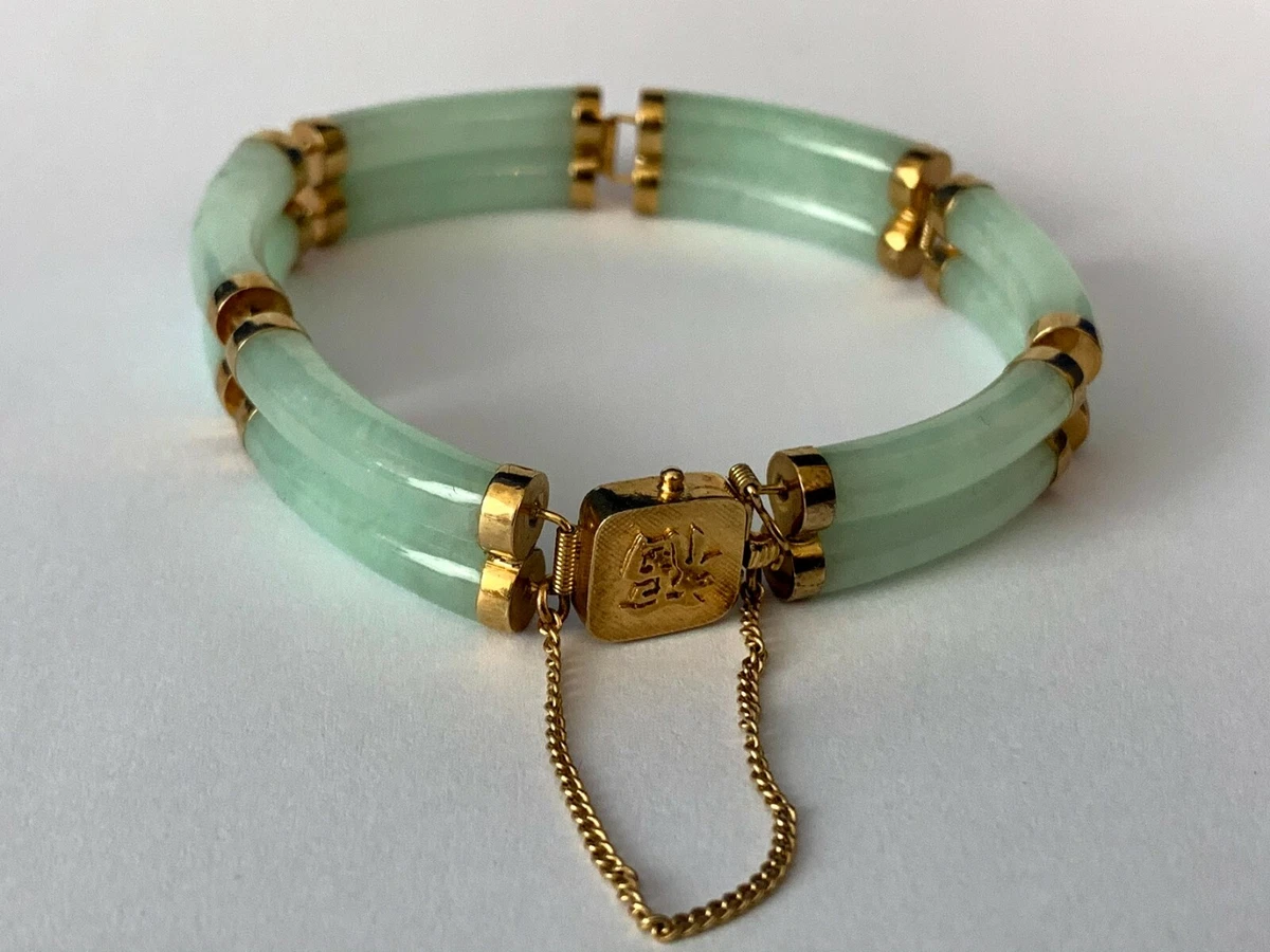 Vintage 585 14K Jade Double Jade Link Bracelet With Chinese