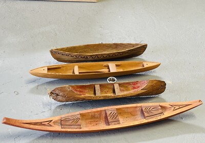 4 Vintage Miniature Native American Canoes. Tlingit. Woodlands. Dug Out Canoes