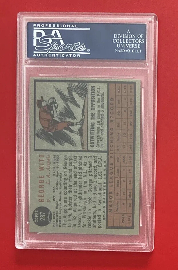 1962 TOPPS GEORGE WITT #287 PSA 6 Graded Baseball Card Los Angeles Angels Vtg view 4