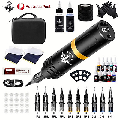 Tuffking Tattoo Machine Kit Rotary Motor Pen Gun Color Inks Power Supply Needle