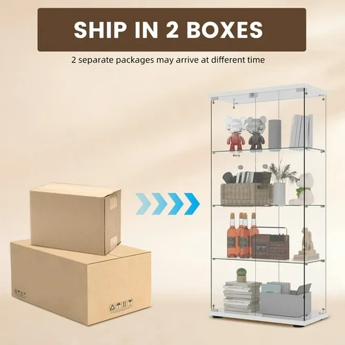4-Shelf Glass Display Cabinet 2 Door Bookshelf W/Led Push Light Curio Case White - Picture 4 of 11