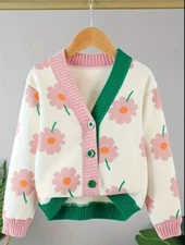 NEW Boutique Girls Floral Pink White Flower Cardigan Sweater