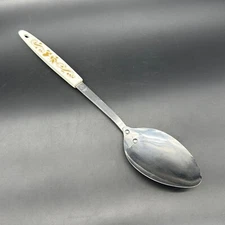 Vintage Serving Spoon Mixing Baking White Gold Birds Hearts Stainless Steel 60s