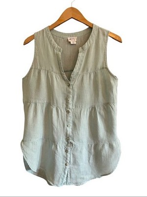 Sigrid Olsen Linen Blouse M Robin Egg Blue Green Tiered Sleeveless Tunic Shirt