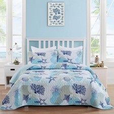 Coastal Quilt Set Queen Size, Blue Ocean Beach Themed Bedding Set Coral Seashell