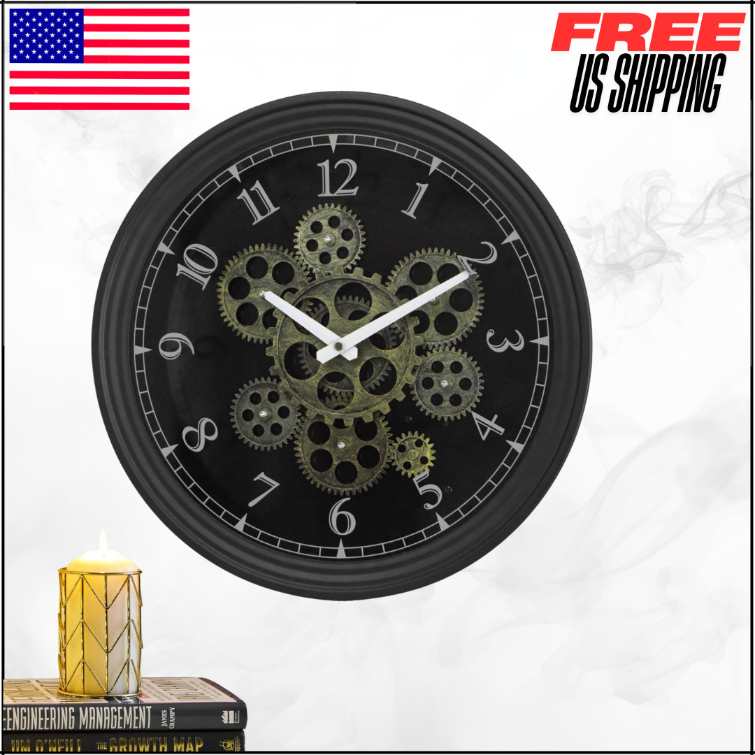 Real Moving Gear Wall Clock Vintage Industrial Steampunk Metal Home Decor 15"