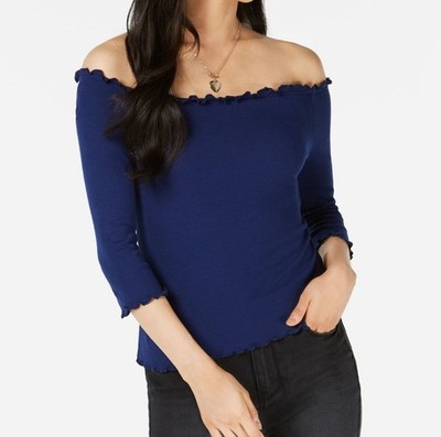 Hippie Rose Women's Blue Ribbed Ruffled Off-Shoulder T-Shirt Top Juniors Size M