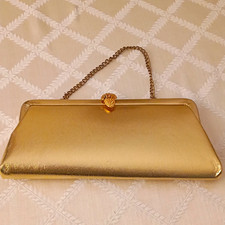 Gold Metallic Women s Evening Clutch, Chain Shoulder Strap, Clasp, Lined