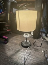 Clear Glass Table Lamp w/ Beige Drum Fabric Shade, Switch Control, Corded