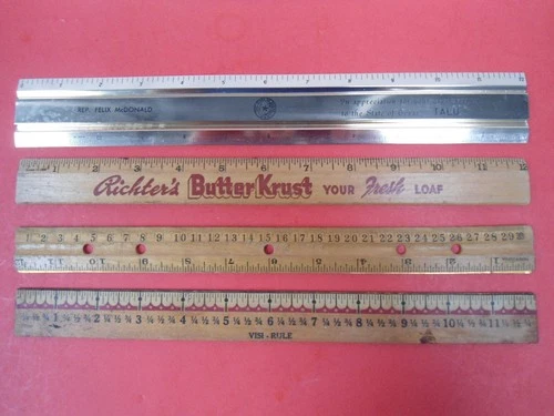 Vintage Metal & Wood Rulers - ButterKrust Bread - Texas Legislature - VISI-RULE