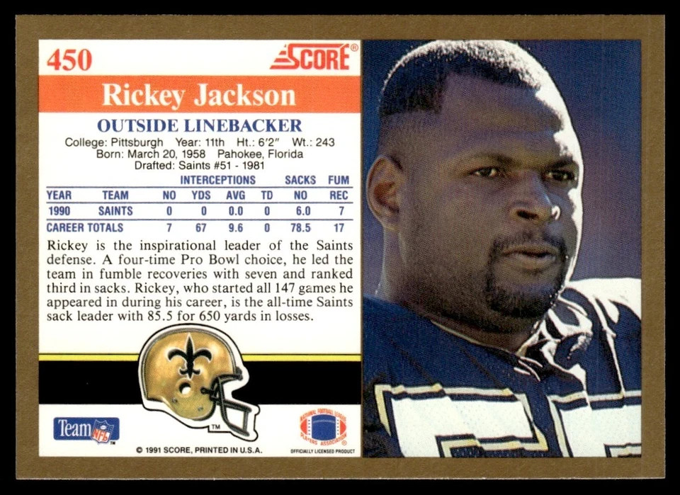 1991 Score Football #450 Rickey Jackson HOF New Orleans Saints | eBay