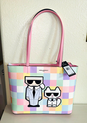 Karl Lagerfeld Multicolor Checkered Tote Bag, Zip, Pink Straps, Applique, Silver