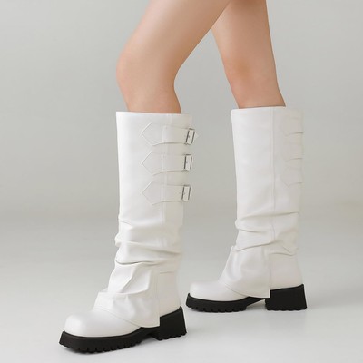 Knee High Boots for Women Fold Over Slouchy Square Toe Biker Boots