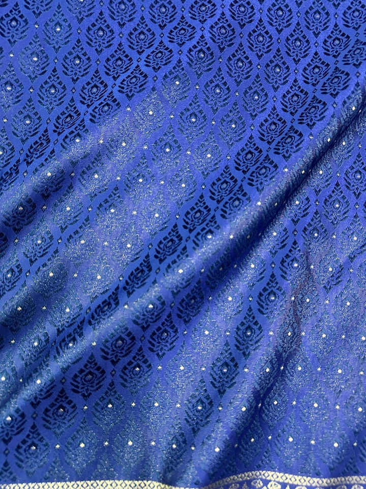 Blue Old Gold Thai-Laos Silk Damask Traditional Fabric BTY Formal Skirts Dress - Image 2 of 4