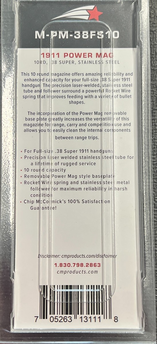 Chip McCormick Magazine 38 Super 10rd Fits 1911 Pad Stainless