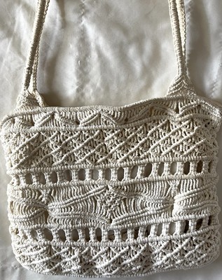 Macrame Fisherman Bag, Over the Shoulder Purse, Double Handle, Ivory