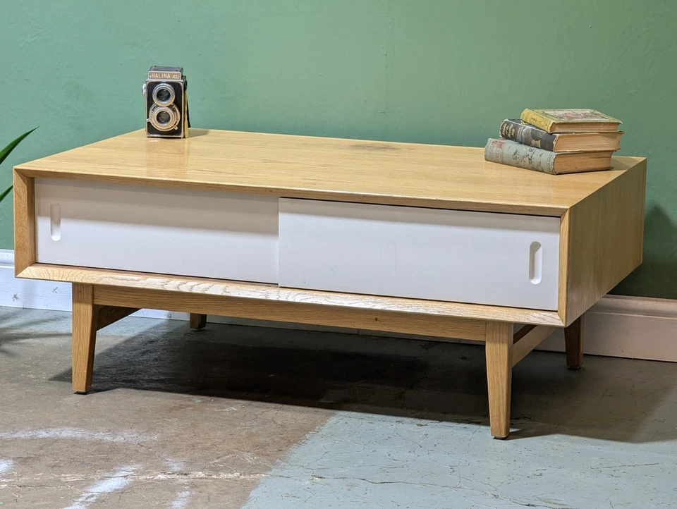 Contemporary Modern Oak Coffee Table Mid Century Danish Style Storage White Door - Image 3 of 4